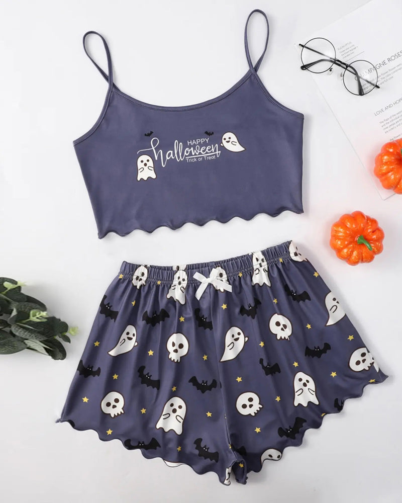 Halloween Fun Print Sleeveless Tank Top and Shorts Loungewear Set