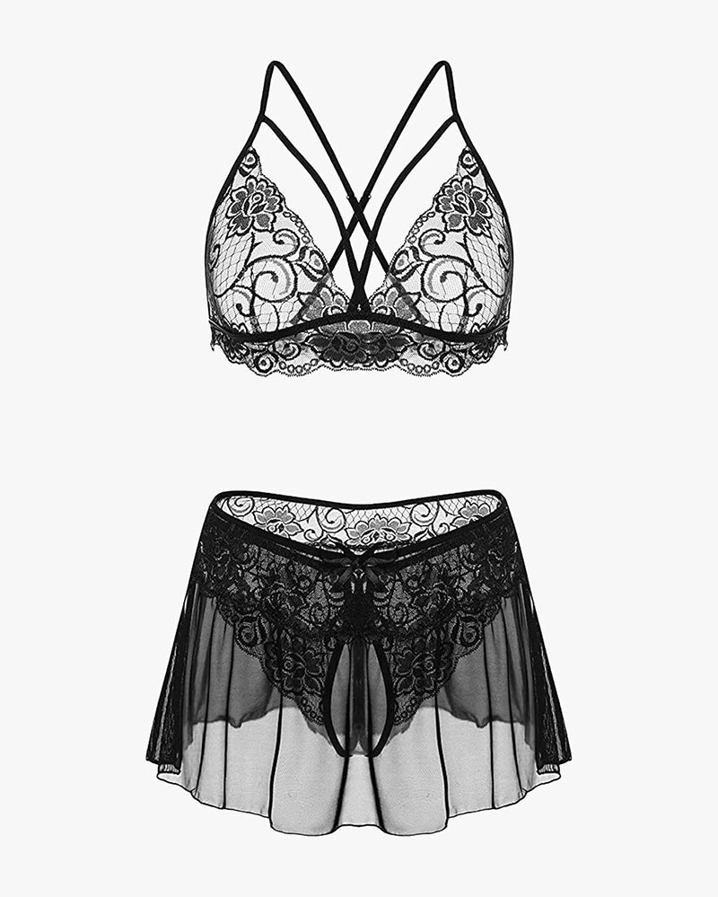 3 Piece Sets Lace Bralette, Skirt with Panty