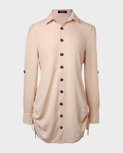 Long Sleeve Button Down Drawstring Shirt Dress