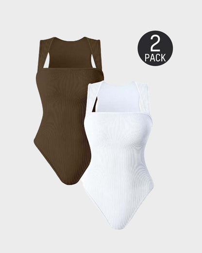 Women's Square Neck Sleeveless Knit Ribbed Vest Bodysuit