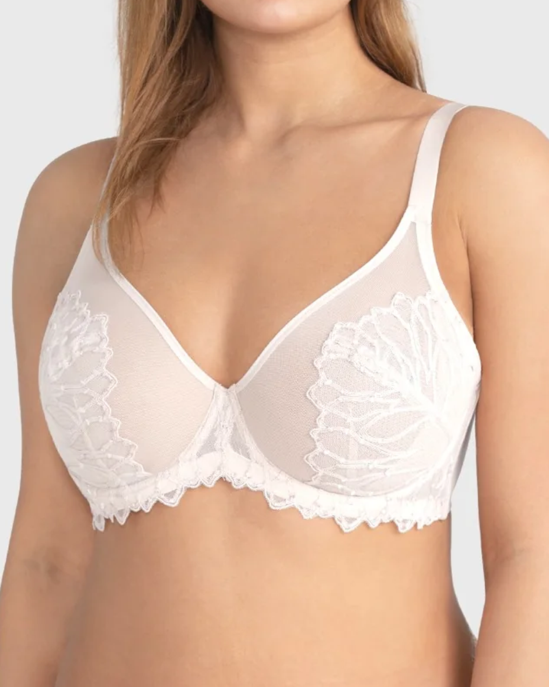 Women's Embroidered Lace Trim Full Coverage Unlined Underwire Bra