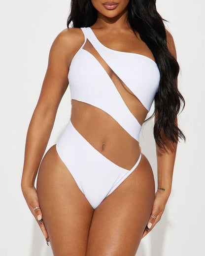 Beach Vacation Off-shoulder Transparent Mesh Colorblock Sexy One-piece Swimsuit
