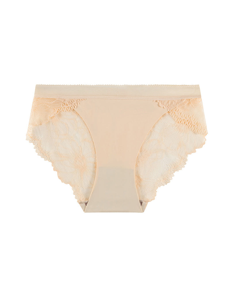 Sexy Mid-Waist Ice Silk Seamless Stitching Hollow Lace Cotton Crotch Breathable Panties