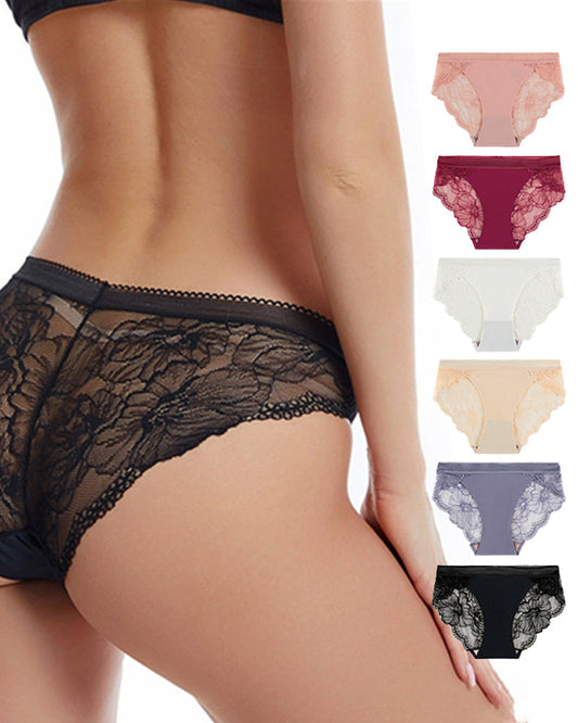 Sexy Mid-Waist Ice Silk Seamless Stitching Hollow Lace Cotton Crotch Breathable Panties