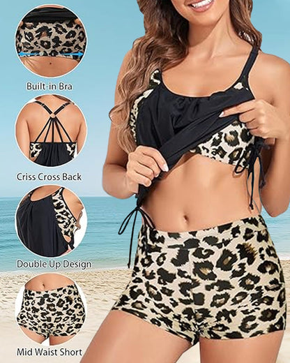 Vintage Leopard Print Adjustable Strap Swimsuit and Side Drawstring Swim Shorts Two-Piece Set