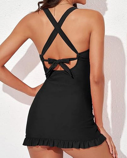Women's V-Neck Sexy Belly-Control Backless Skirt One-Piece Swimsuit With Swimming Trunks Set
