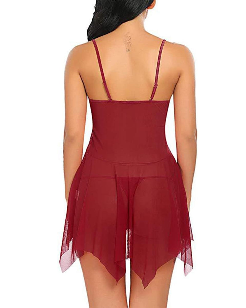 Women's Deep V Sexy Lace Mesh Irregular Hem Suspender Nightdress and Thong Set