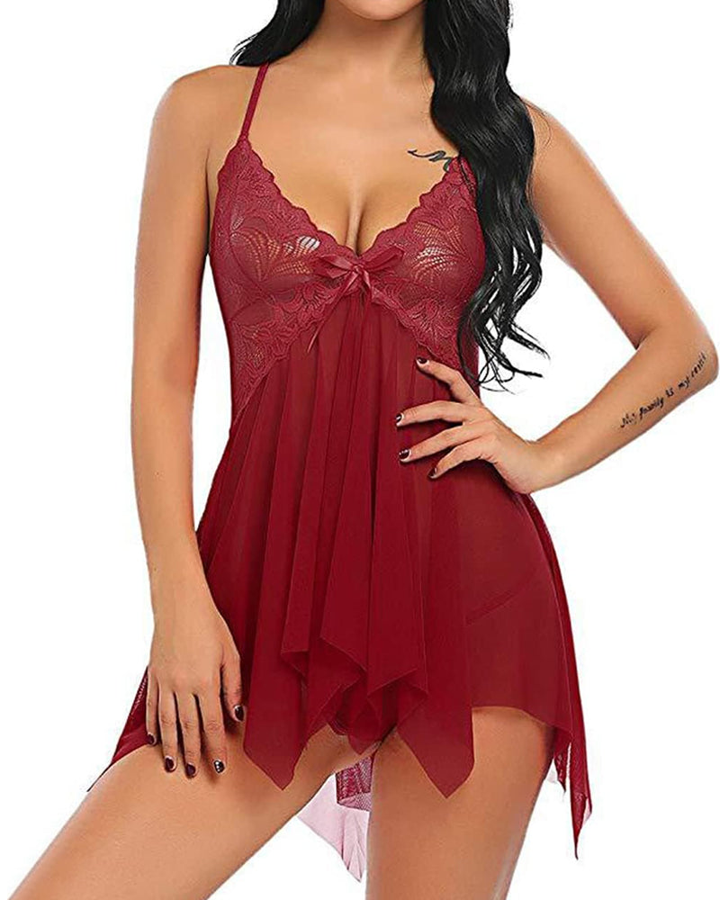 Women's Deep V Sexy Lace Mesh Irregular Hem Suspender Nightdress and Thong Set