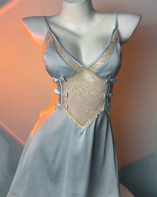Women's V-Neck Lace Colorblock Ice Silk Bow Design Suspender Nightdress