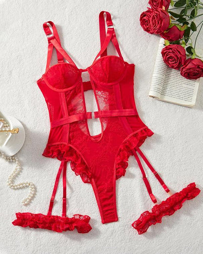 Sexy Lace Mesh Backless Ruffled Decoration Hollow Ring Buckle One-Piece Pajamas