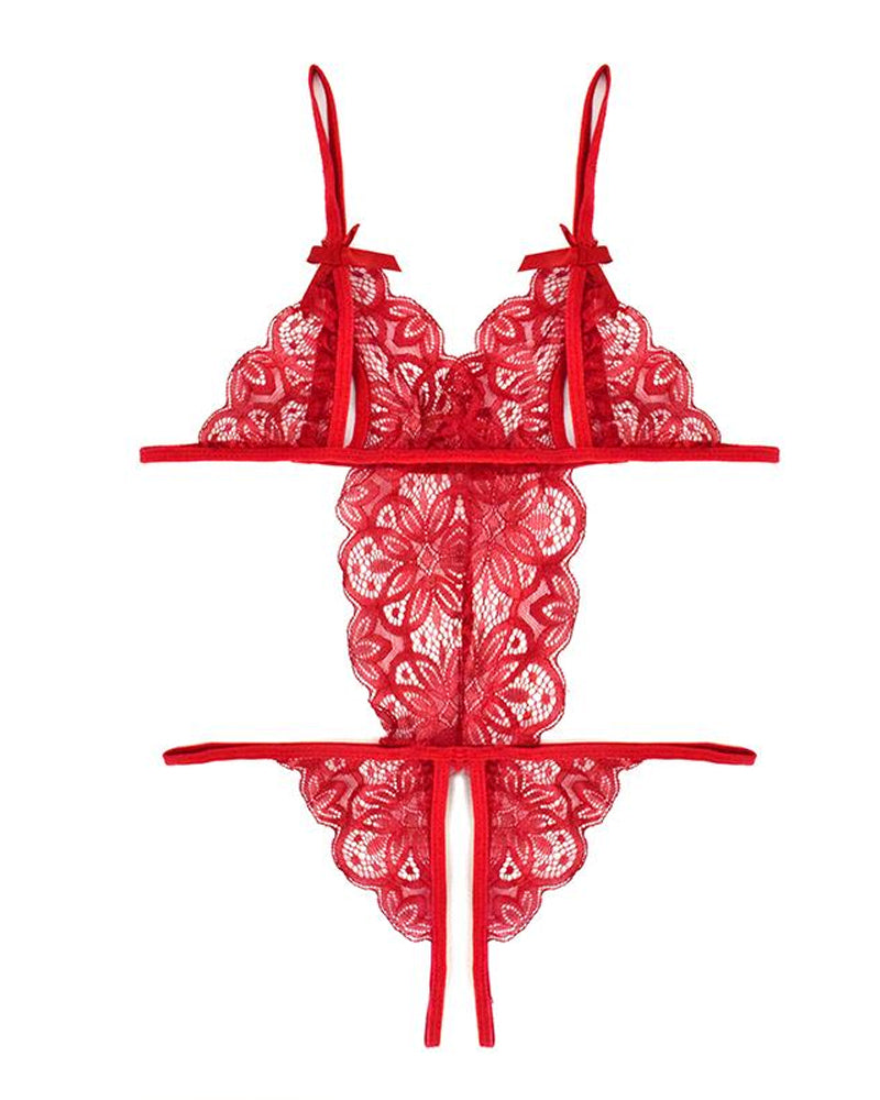 Women's Sexy Hollow Translucent Floral Lace Backless One-Piece Pajamas