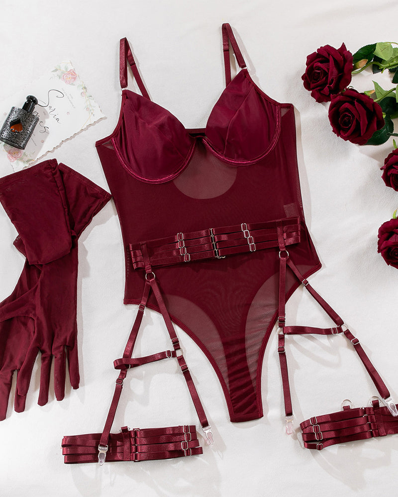 Sexy See-Through Mesh Splicing Low-Cut Bodysuit With Gloves Three-Piece Set