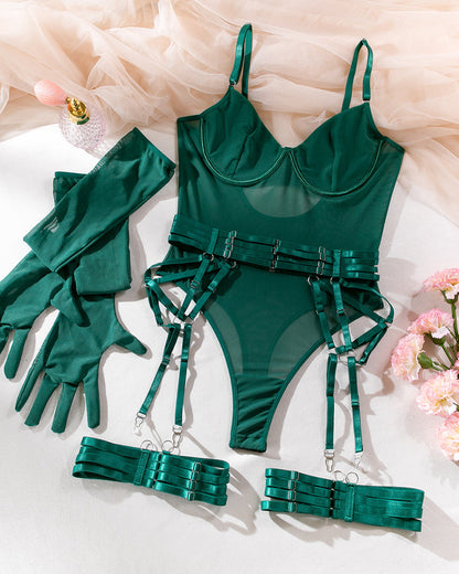 Sexy See-Through Mesh Splicing Low-Cut Bodysuit With Gloves Three-Piece Set