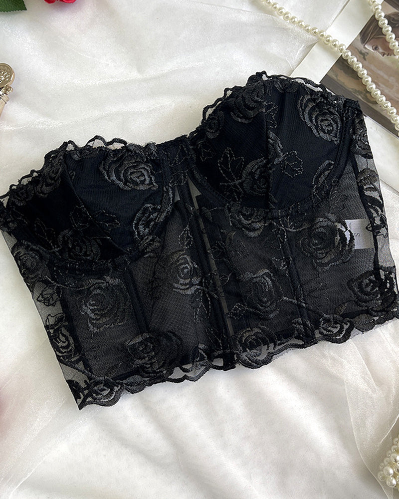 Sexy Flower Lace Mesh Herringbone Tube Top