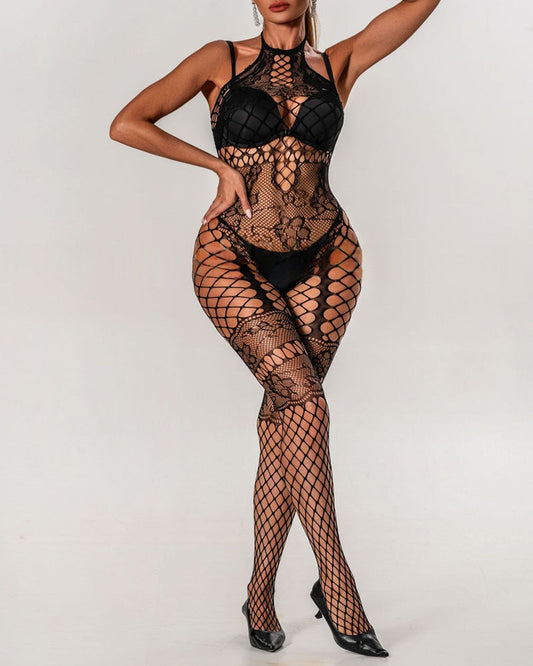 Sexy Halterneck Jacquard Lace Hollow See-Through Fishnet Stockings One-Piece Pajamas