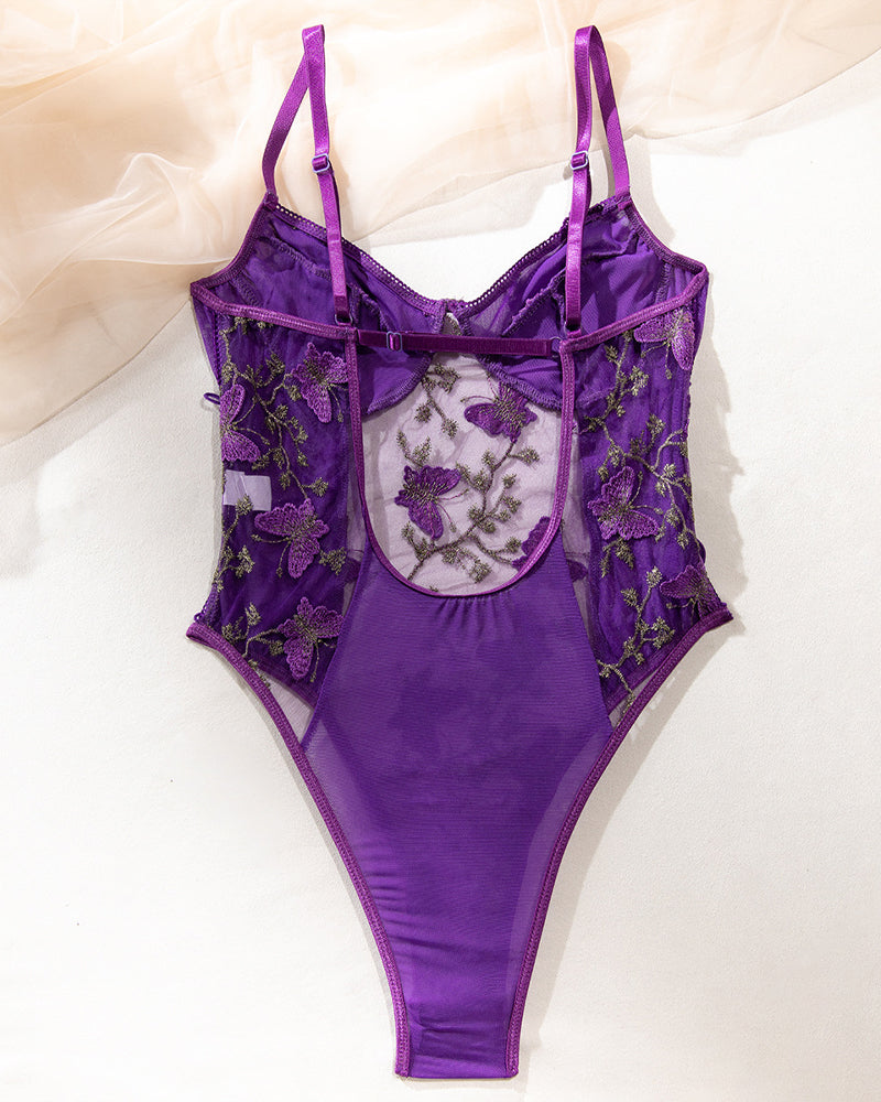 Women's Sexy Mesh Butterfly Embroidery Open Back Bodysuit