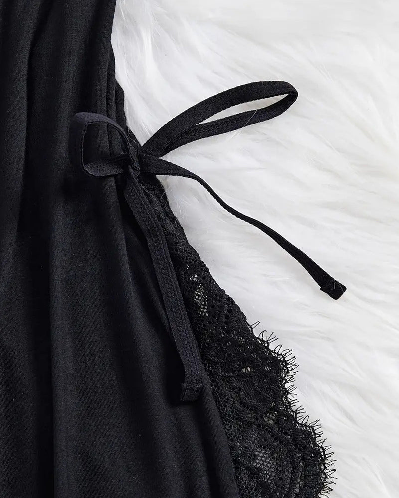 Sexy Bow Decorated Contrast Lace Suspender Nightdress Nightdress and Thong Set