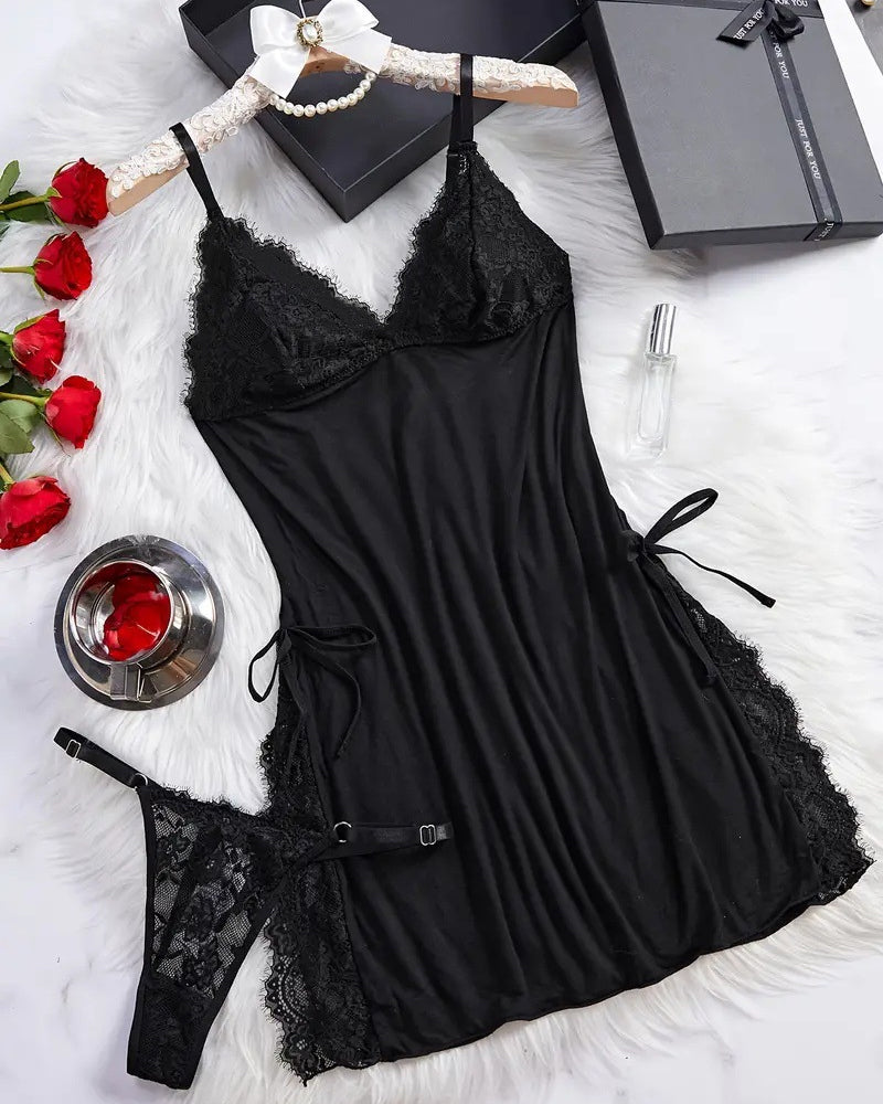 Sexy Bow Decorated Contrast Lace Suspender Nightdress Nightdress and Thong Set