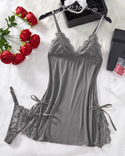Sexy Bow Decorated Contrast Lace Suspender Nightdress Nightdress and Thong Set