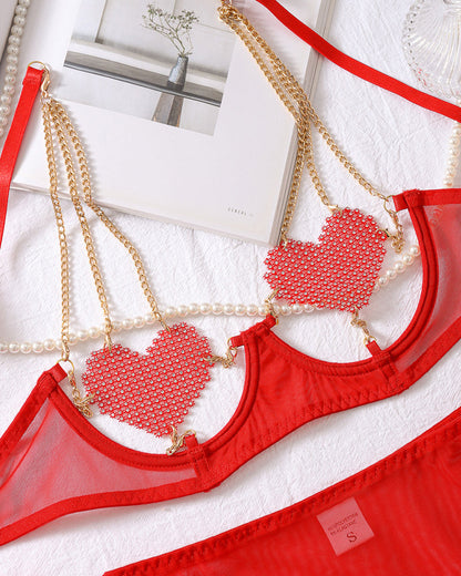 Sexy Metal Chain Suspender Heart Wire Ring Mesh See-through Pajama Set