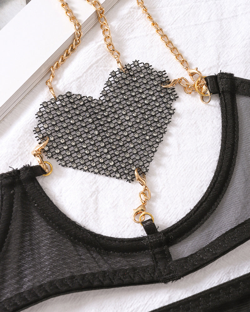 Sexy Metal Chain Suspender Heart Wire Ring Mesh See-through Pajama Set
