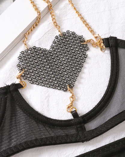 Sexy Metal Chain Suspender Heart Wire Ring Mesh See-through Pajama Set