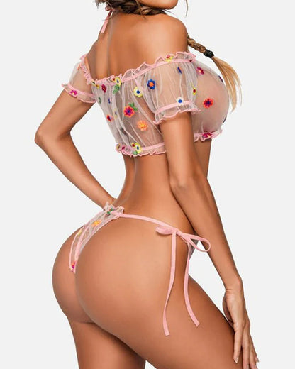 Sexy See-Through Mesh One Shoulder Strap Bra and Panty Pajama Set