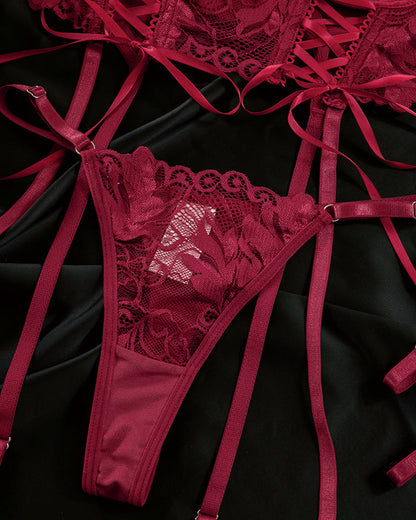 Sexy Lace Low-Cut Gathered String Bra and Thong Pajamas Set