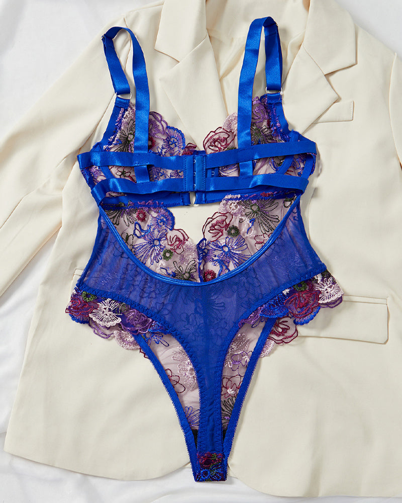 Colorful Flower Embroidery Sexy Lace Underwire Gathered Mesh Bodysuit