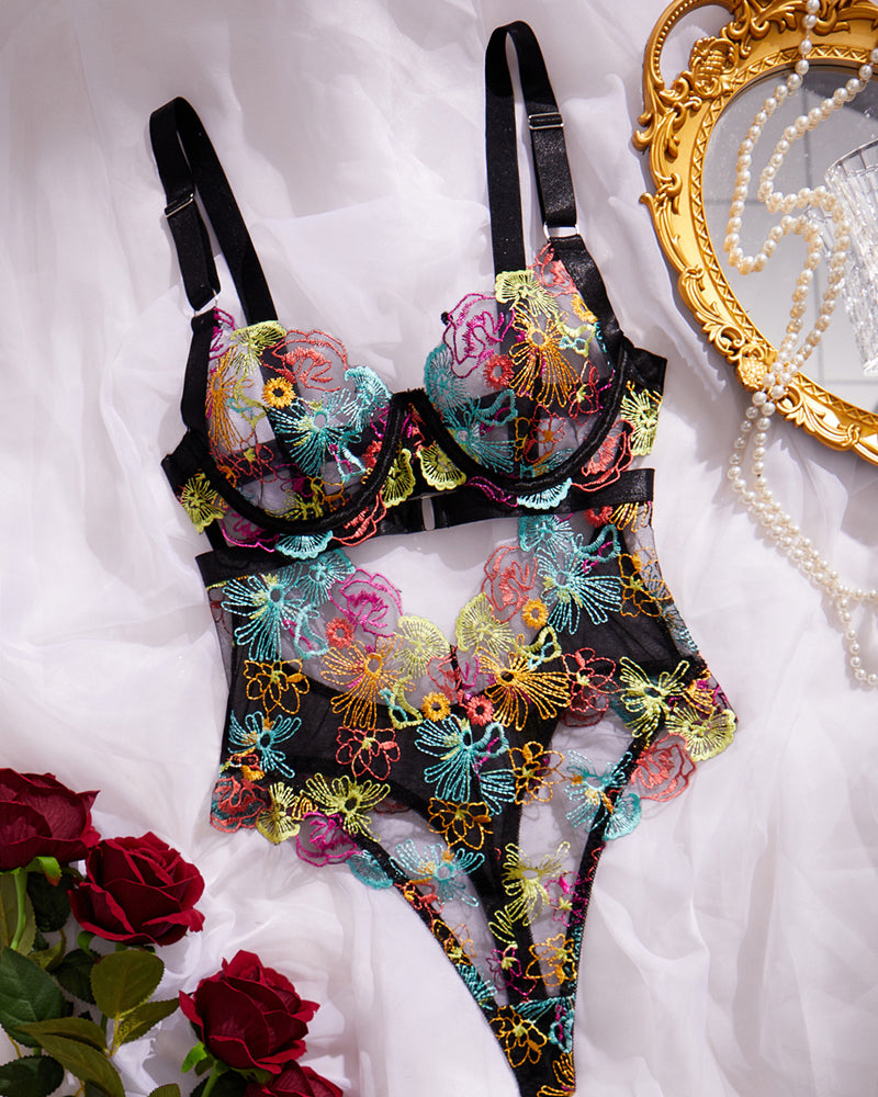 Colorful Flower Embroidery Sexy Lace Underwire Gathered Mesh Bodysuit