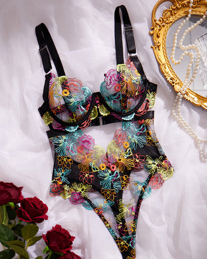 Colorful Flower Embroidery Sexy Lace Underwire Gathered Mesh Bodysuit