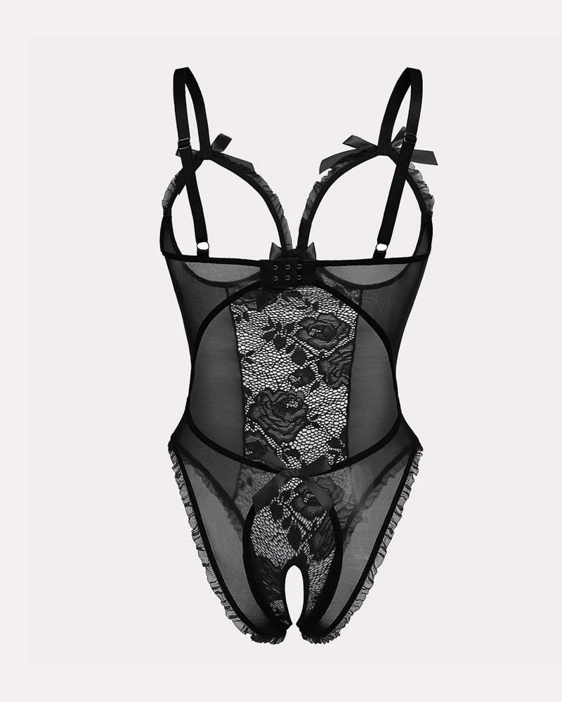 Sexy Flower Lace Mesh Stitching Chest Hollow Open Crotch One-Piece Pajamas