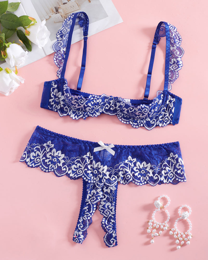 Sexy Lace Mesh Open Crotch Hollow Bra Underwear Set