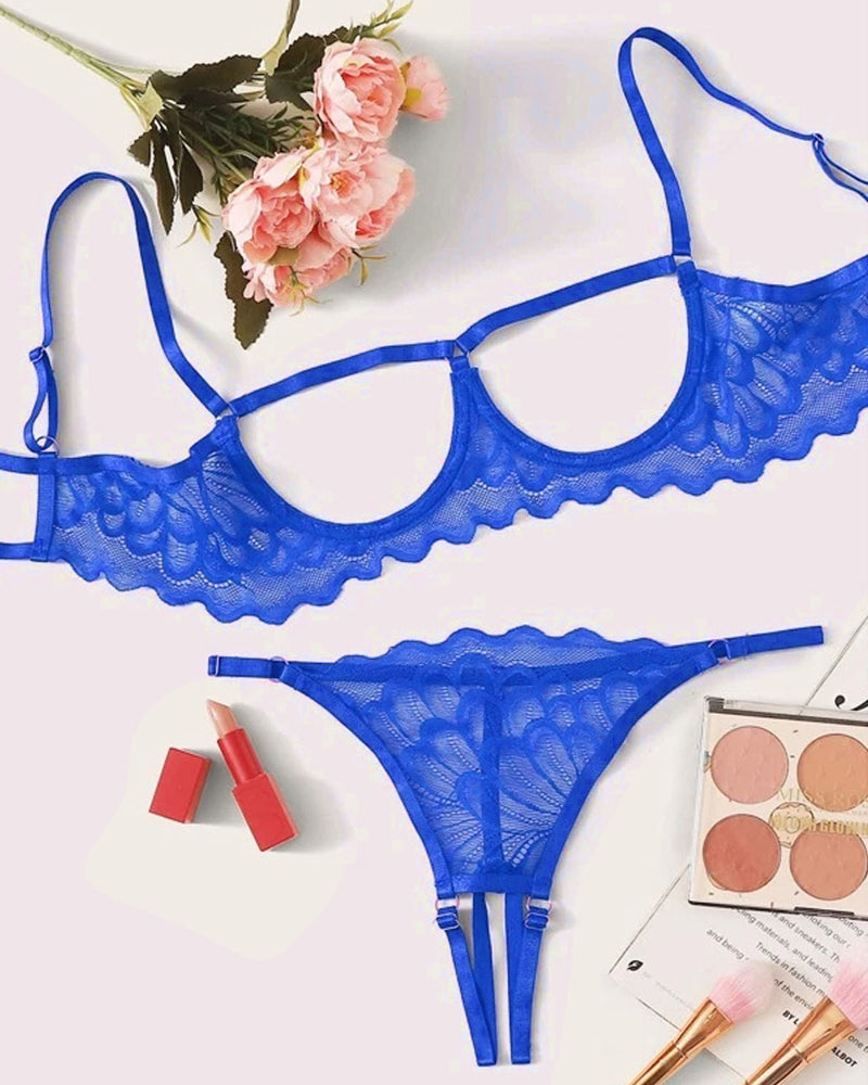 Sexy Lace Hollow Anti-Sagging Bra and Crotchless Thong Set