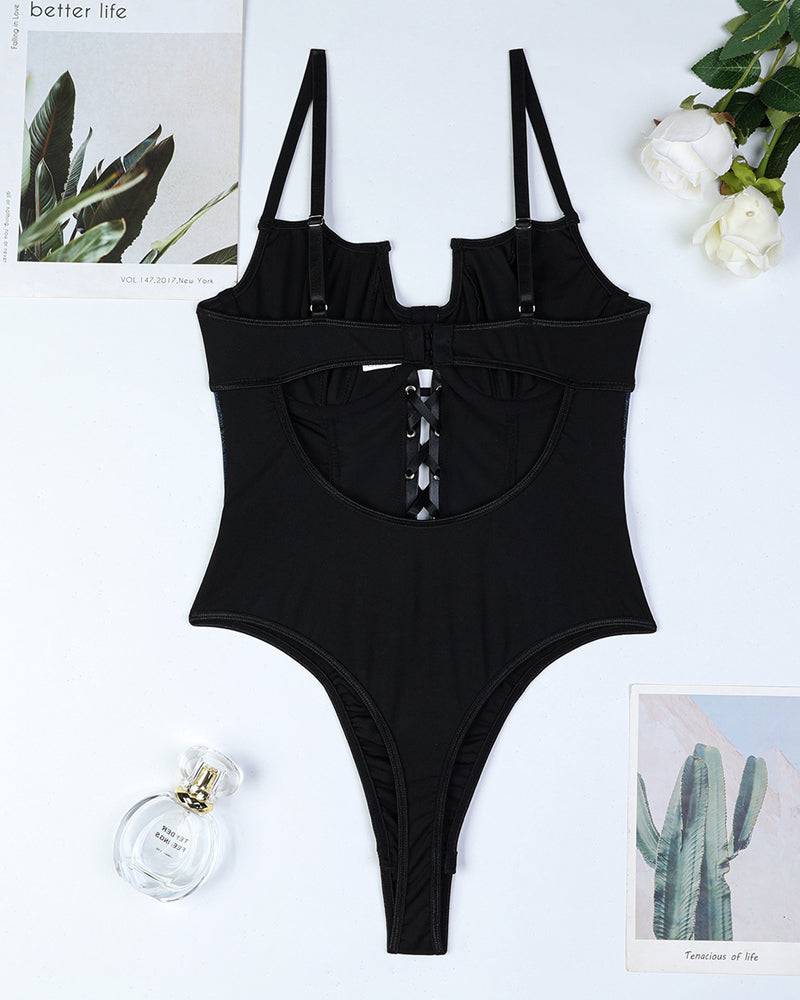 Retro Printed Mesh and PU Leather Cross-Strap Bow Bodysuit