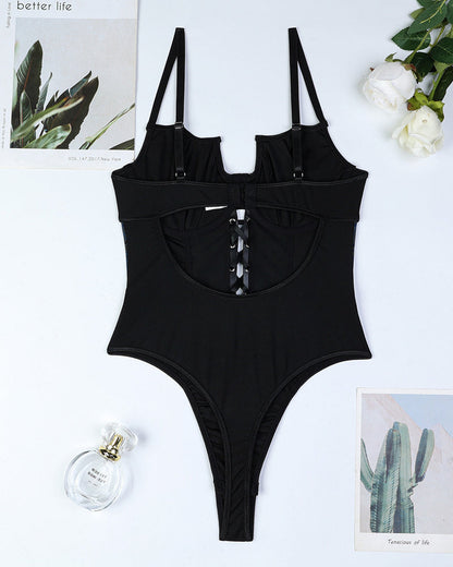 Retro Printed Mesh and PU Leather Cross-Strap Bow Bodysuit