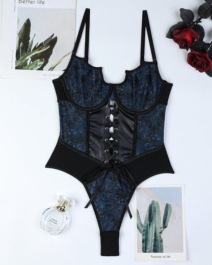 Retro Printed Mesh and PU Leather Cross-Strap Bow Bodysuit