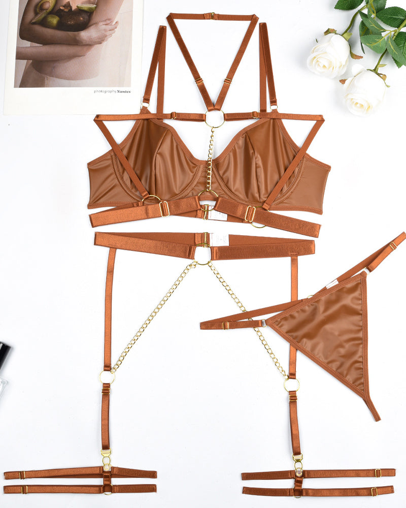 Sexy Chain Halterneck Leather Pajamas Set