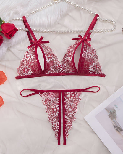 Sexy Floral Lace Exposed Breast Bra and Crotchless Thong Panty Set