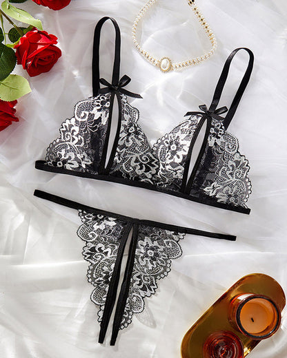 Sexy Floral Lace Exposed Breast Bra and Crotchless Thong Panty Set