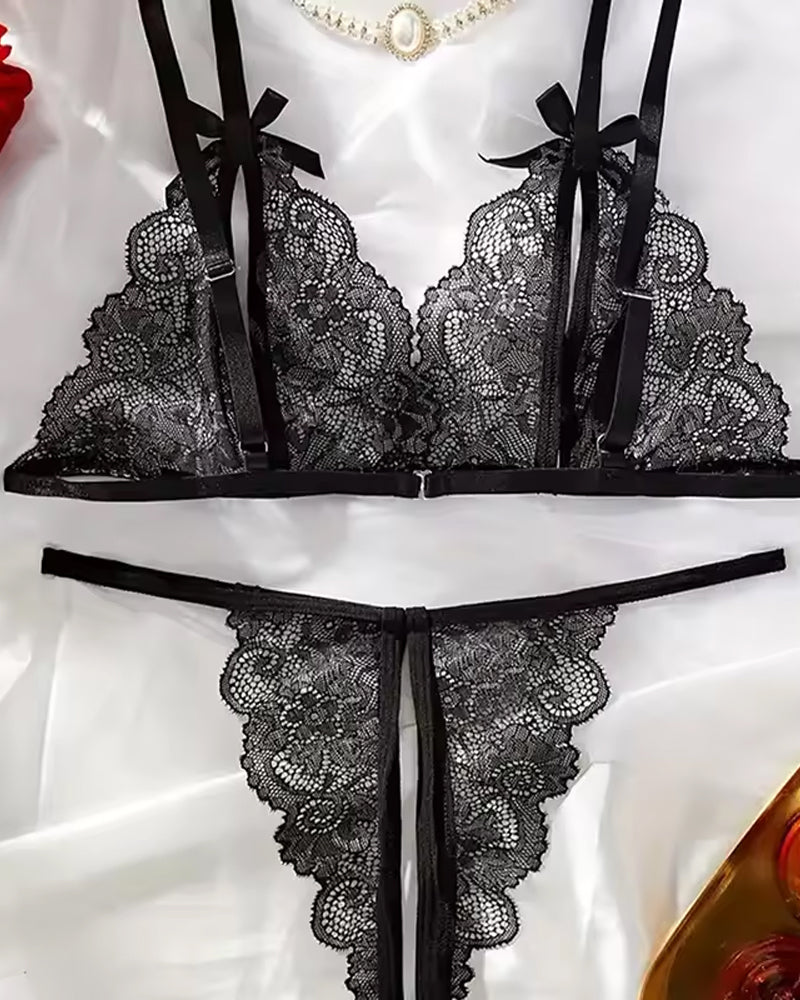 Sexy Floral Lace Exposed Breast Bra and Crotchless Thong Panty Set