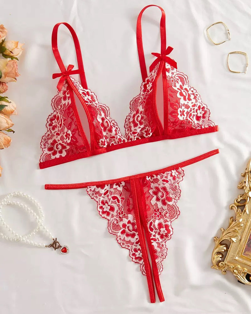 Sexy Floral Lace Exposed Breast Bra and Crotchless Thong Panty Set