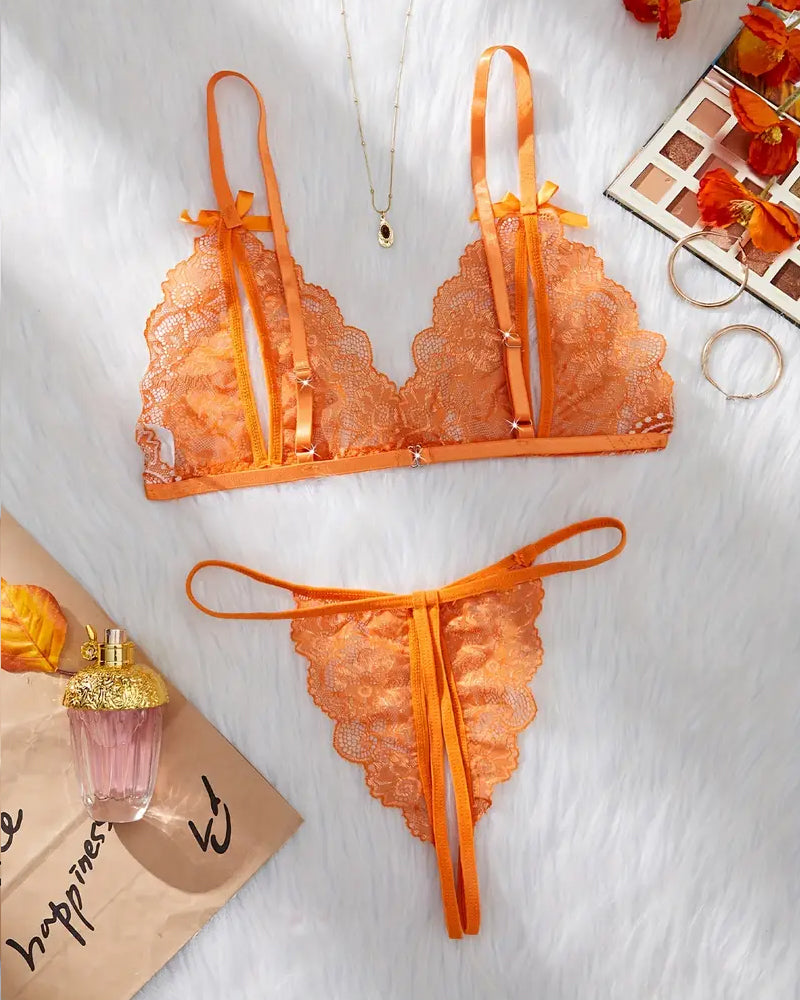 Sexy Floral Lace Exposed Breast Bra and Crotchless Thong Panty Set