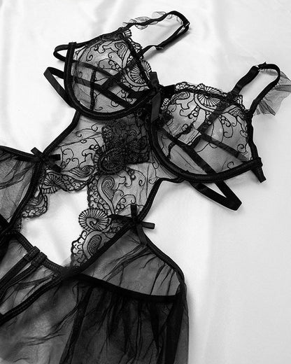 Sexy Lace Mesh Open Crotch Hollow Back One-piece Pajamas
