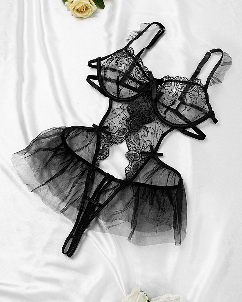 Sexy Lace Mesh Open Crotch Hollow Back One-piece Pajamas