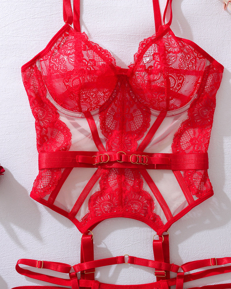 Metal Buckle Decorated Lace See-through Sexy Lingerie Set