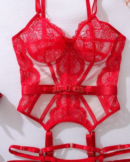 Metal Buckle Decorated Lace See-through Sexy Lingerie Set