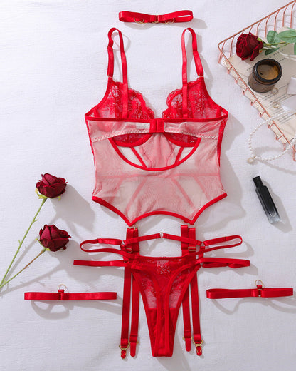 Metal Buckle Decorated Lace See-through Sexy Lingerie Set