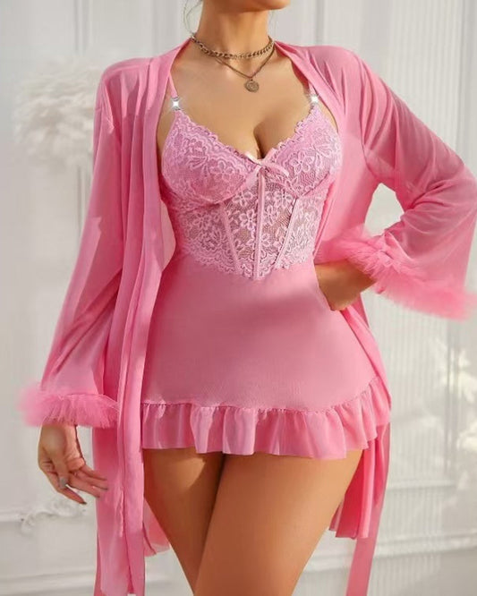 Sexy Lace Mesh See-through Nightgown Set