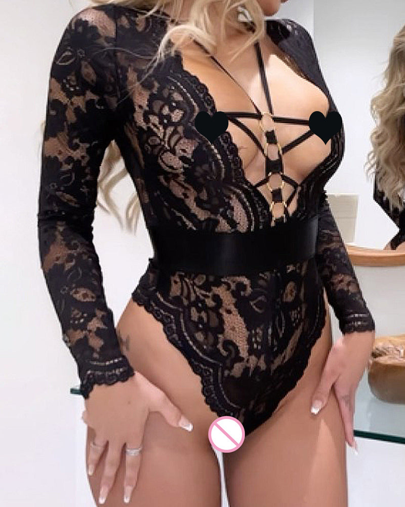 Sexy Deep V Mesh Transparent Backless Hollow Long-sleeved Open Crotch One-piece Pajamas